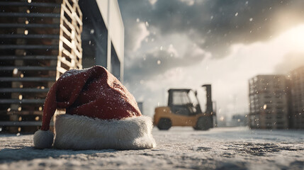 Santa Claus hat placed on snowy warehouse loading dock with stacked pallets and forklifts in background. Concept of Christmas cargo, logistics, shipping and delivery.