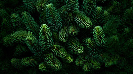 Fir branches green needle abstract background Christmas texture. Horizontal composition.