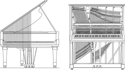 Detailed piano technical blueprint showing grand and upright mechanisms, strings and keys, musical instrument engineering line art illustration © Nur Creations