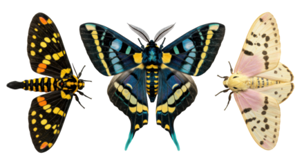 Three photorealistic, ultra-high-resolution tropical moths with open, symmetrical wings, showcasing intricate patterns against a transparent studio background, concept of natural entomological beauty