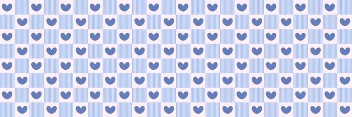 ​Blue heart pattern on checkered gingham background, cute pastel aesthetic wallpaper for textile and scrapbooking.