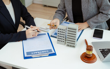 agent asking costumer for contract to buy, get insurance or loan real estate or property.