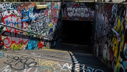 Vibrant urban graffiti on subway entrance walls illuminated by sunlight