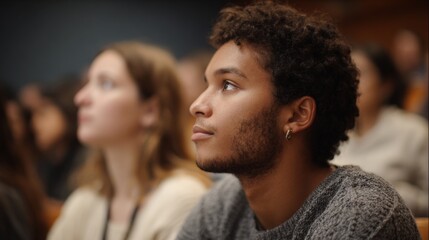 Young man with curly hair and a beard sitting in a lecture hall. he is looking up towards the sky with a thoughtful expression on his face. he appears to be deep in thought or contemplation.