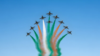 A squadron of fighter jets performing an aerial display emitting colorful smoke trails against a clear blue sky