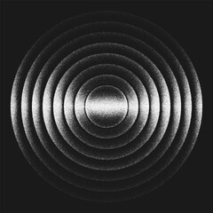 Minimal design element with layered concentric circles in stippling style. Symmetrical geometric layers radiate from center. Dynamic illusion of sound waves and ripples forming hypnotic visual rhythm