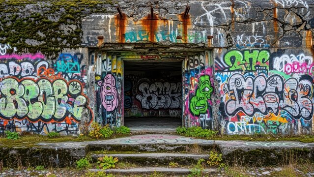Abandoned bunker entrance with colorful graffiti and overgrown vegetation