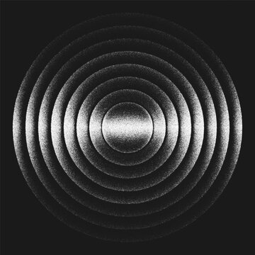 Minimal design element with layered concentric circles in stippling style. Symmetrical geometric layers radiate from center. Dynamic illusion of sound waves and ripples forming hypnotic visual rhythm