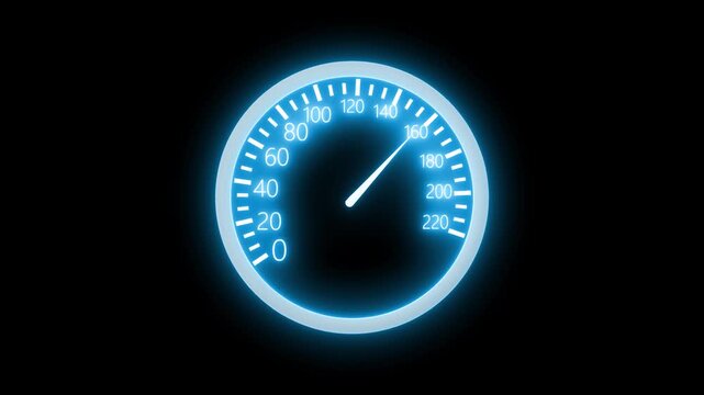 Neon glowing speedometer with needle pointing animation on black background