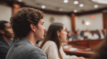 Group of people sitting in a lecture hall. the focus of the image is on a young man with curly hair, who is facing away from the camera.