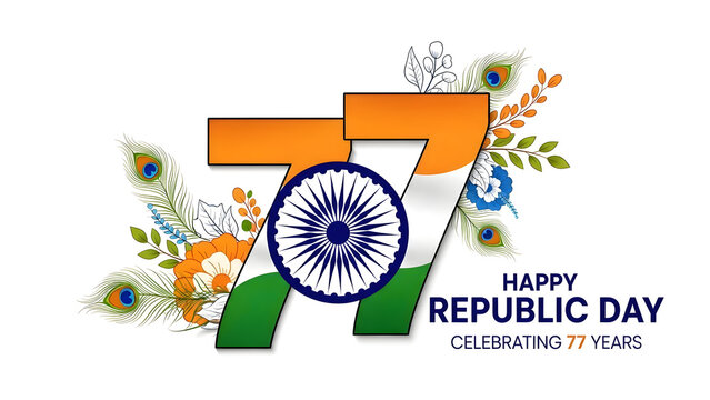 Happy 77th Republic Day of India celebration with patriotic colors and floral decorations