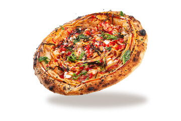 Asian style pizza with seafood pieces creamy spicy sauce sesame seeds nori seaweed and herbs on crispy baked crust isolated