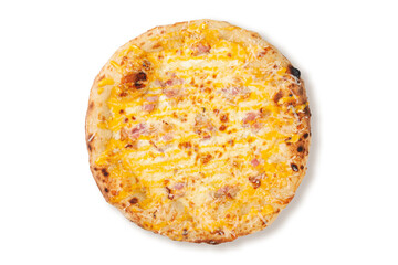Top view cheese pizza with ham corn melted cheese and baked crust isolated