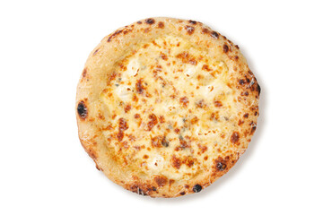 Top view cheese pizza with melted mozzarella and baked crust isolated