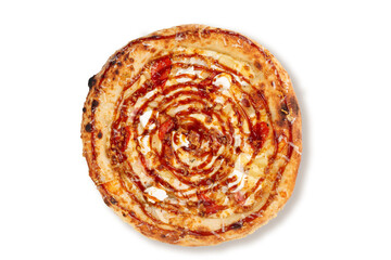 Top view of baked meat pizza with bacon sausages fried onion melted cheese and rich sauce isolated on white background