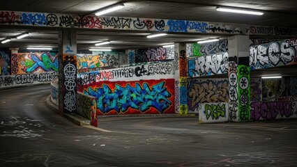 Obraz premium Vivid graffiti artwork adorning walls of urban underground parking space