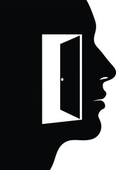 Human head profile silhouette with an open door. Concept of mind, opportunity, freedom, and selfdiscovery. Vector illustration