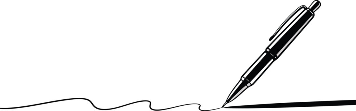 A detailed line drawing shows a modern ballpoint pen beginning to write a flowing wavy line