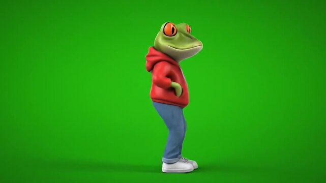 Animated Frog Character Wearing Hoodie and Jeans Walking on Green Screen.