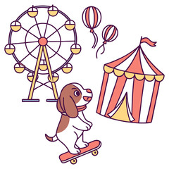 Obraz premium Delightful Curious American Water Spaniel in a Carnival Nights scene with riding a skateboard – Carnival Nights vector illustration