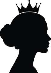 Elegant princess queen woman profile silhouette with royal crown. Beautiful female head side view. Fairy tale fantasy. Vector illustration