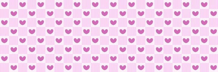 Seamless pink heart pattern on checkered background with vertical stripes. Cute romantic texture for Valentine’s Day, wedding decor, baby girl gift wrapping, and sweet wallpaper design.