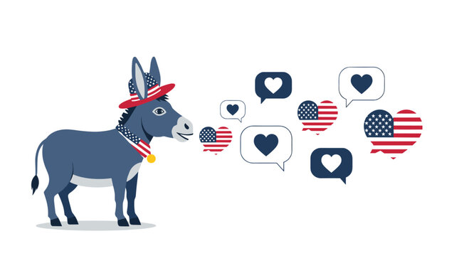 Donkey mascot for the Democratic party wearing a patriotic hat and scarf with speech bubbles containing hearts and US flag symbols.