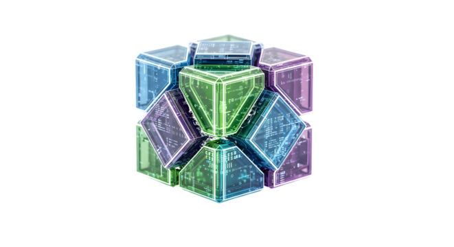 Transparent geometric cubes with glowing circuit patterns in green blue and purple isolated on a transparent background - Powered by Adobe