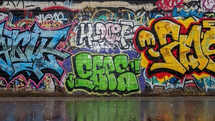 Vibrant urban street art on brick wall reflecting in rainwater