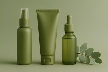 natural skincare bottles in olive green palette with eucalyptus and macro clean beauty gradients.