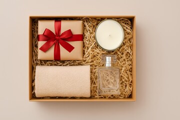 gift box contents neatly arranged with candle perfume towel and wrapped present.