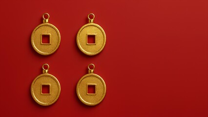 Gold lucky coin ornament on red background for festive Asian lunar new year decoration