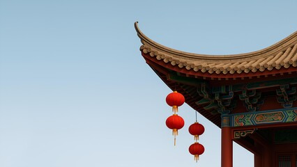 Asian palace roof corner with red lanterns against clear sky in horizontal wide frame