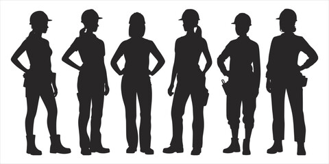 Six female construction worker silhouettes in hard hats and work clothes Keywords: female, construction, worker, silhouette, hard