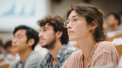 Obraz premium Group of young people sitting in a lecture hall. they are all facing the same direction and appear to be listening attentively to a speaker.