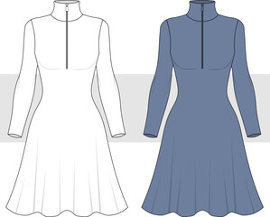 Women's high neck A-line dress with zipper closure fashion technical drawing, illustration. Women Dress Vector. Flat Sketch, Cad, Mockup.
