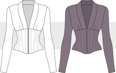 Women's blouse with waist corset detail flat sketch, fashion technical drawing, illustration. Front view, top vector. CAD, Mockup.