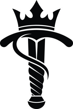 Royal crown and sword silhouette logo design. Majestic medieval fantasy emblem of power and authority. Elegant warrior symbol. Vector illustration