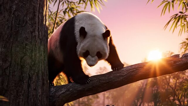 A giant panda balances on a wooden branch, gazing at the vibrant sunset. The panda's presence enhances the tranquil scene, showcasing the beauty of nature and wildlife.