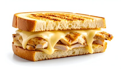 Close-up of a grilled chicken sandwich with melted cheese between toasted bread slices