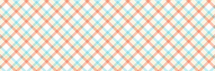 Seamless diagonal plaid pattern in pastel orange, teal, and cream. Elegant geometric gingham background for summer textiles, wrapping paper, and digital wallpapers. Clean, minimalist checkered design.