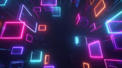 Bright geometric shapes in various colors move through a dark background. The shapes create a glowing effect that fills the space. The scene appears vibrant and dynamic