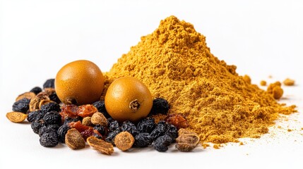 Aromatic turmeric powder and dried berries on white surface