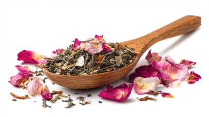 Green tea blend with dried rose petals in a wooden spoon