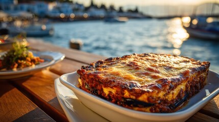 Traditional Greek moussaka served on a seaside terrace at sunset