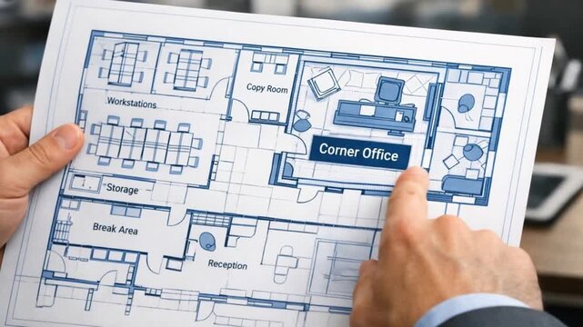 Professional Change Promotion concept. Blueprint of an office layout highlighting the corner office area.