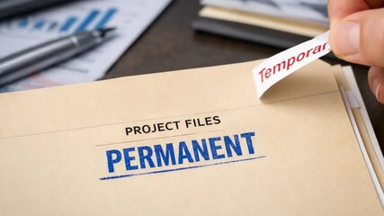 Professional Change Promotion concept. Hand placing a label on a file folder, distinguishing project types.