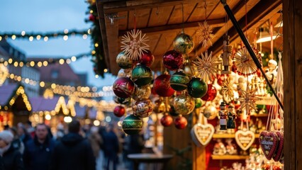 Traditional Christmas Market Stall Displaying Hanging Ornaments and Festive Decorations at Dusk