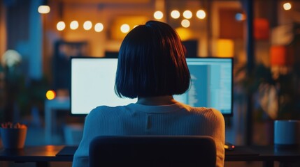 woman working late at night on computer