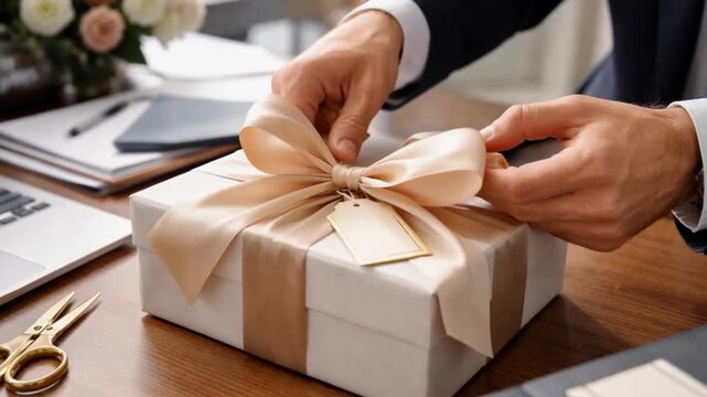 Professional Change Promotion concept. Gift box with ribbon on a desk, hands preparing for presentation.